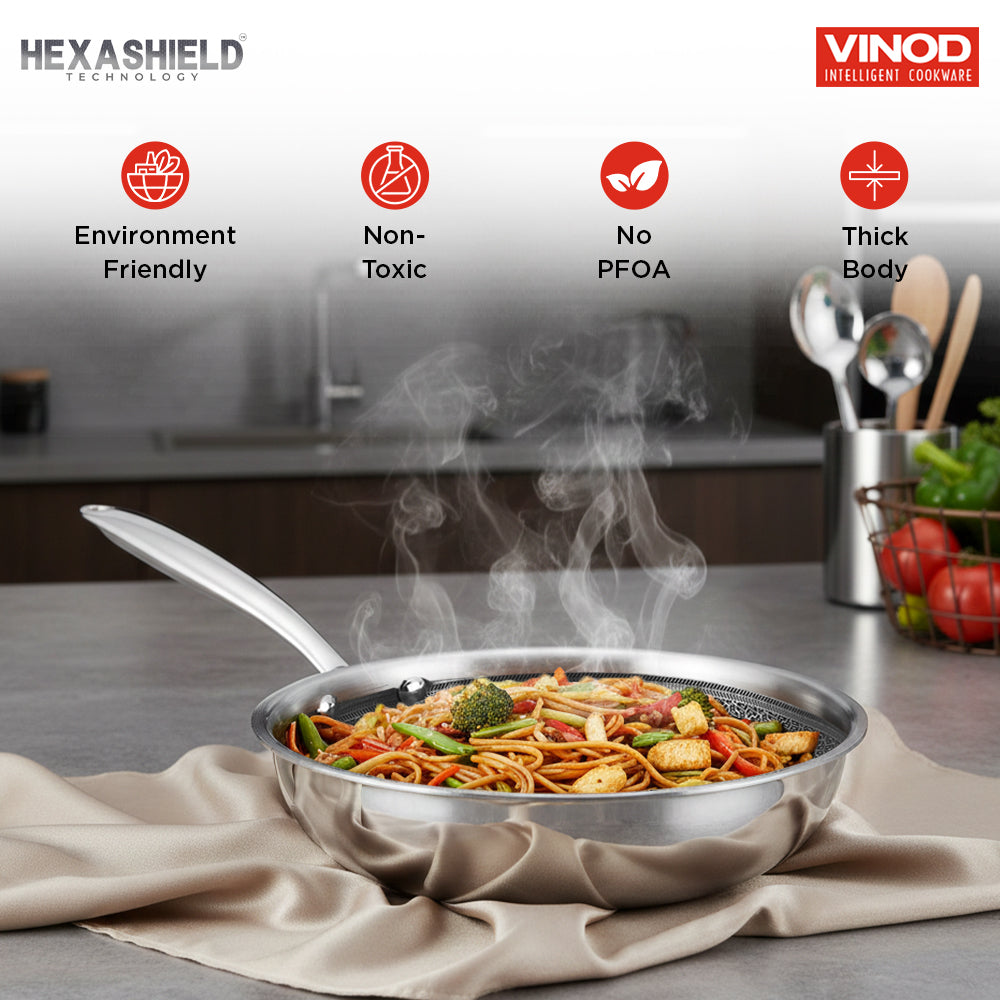 Vinod Platinum Triply SAS Pro Frypan - Hero Shot Induction Friendly | Vinod Cookware India