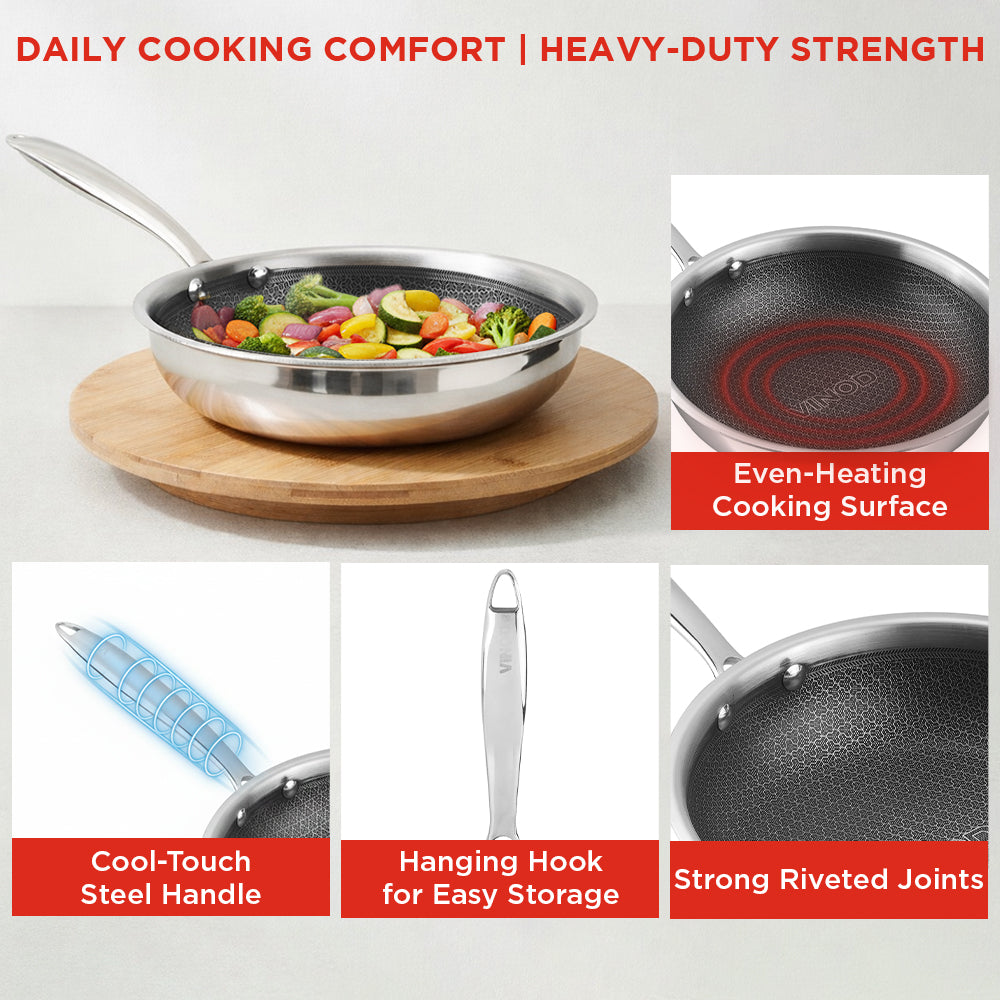 Vinod Platinum Triply SAS Pro Frypan - Top View Induction Ready | Vinod Cookware India