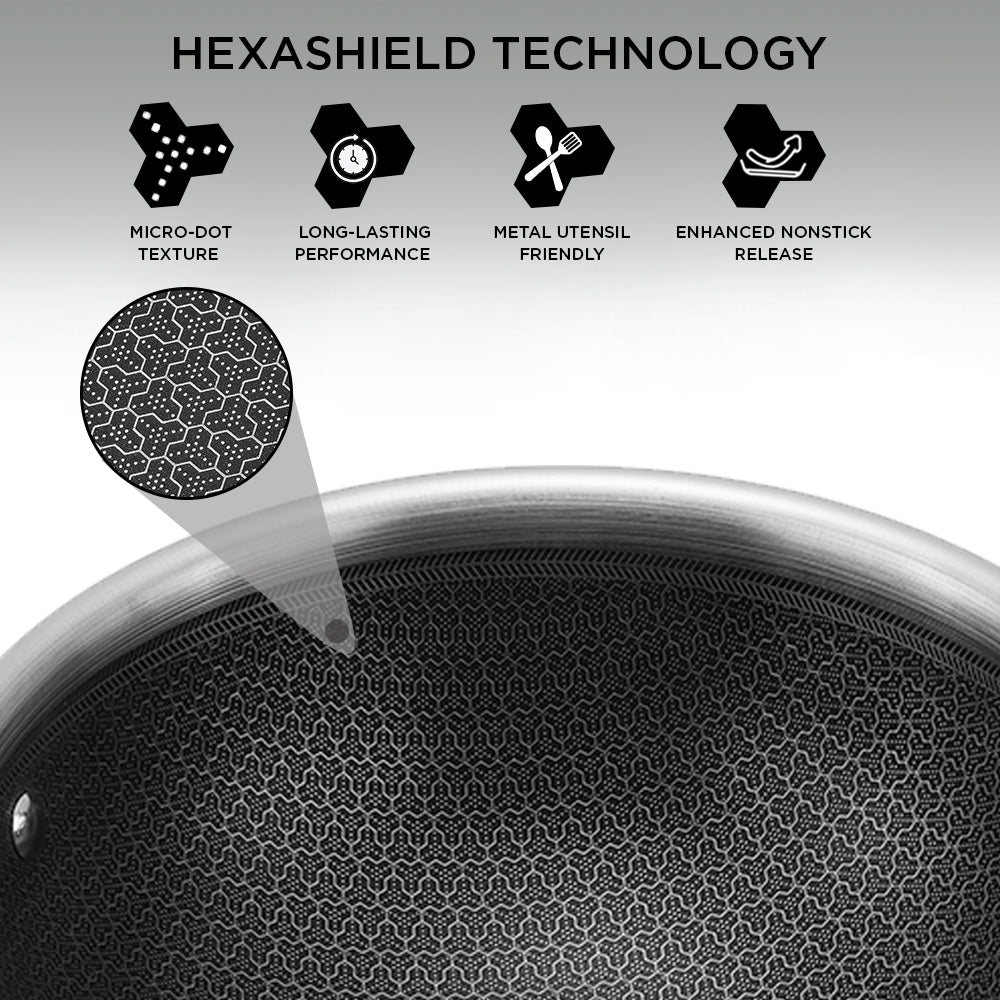 Hexashield technology features with a close-up of a textured pan surface.