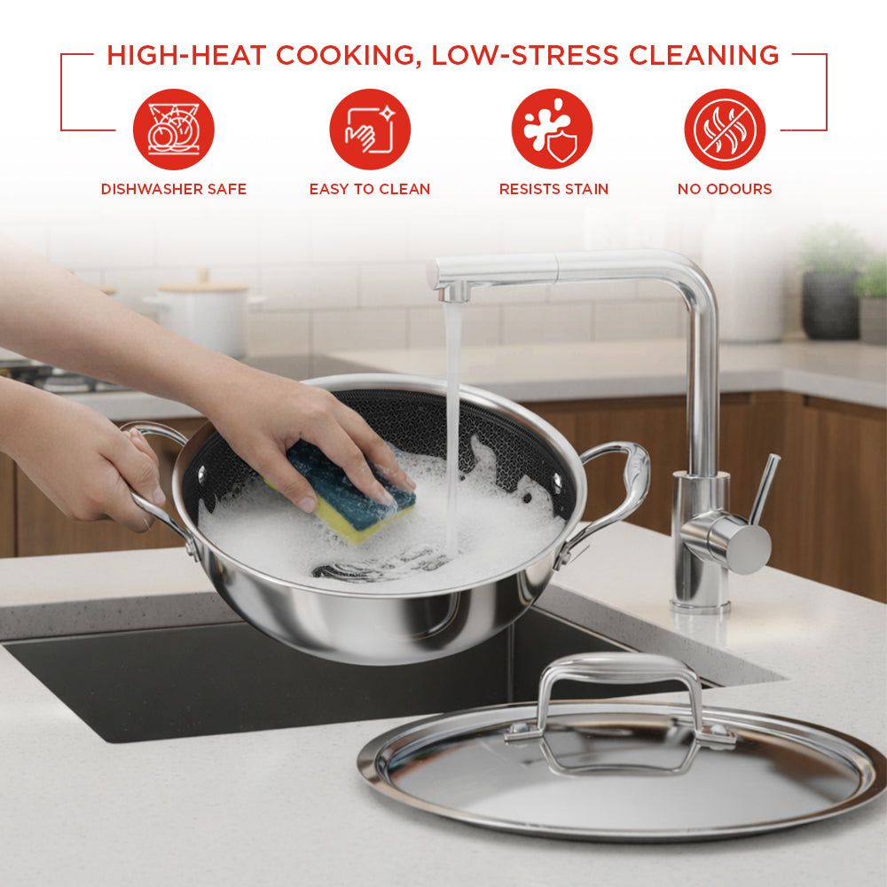 Person washing a pot in a kitchen with text highlighting features of the pot.