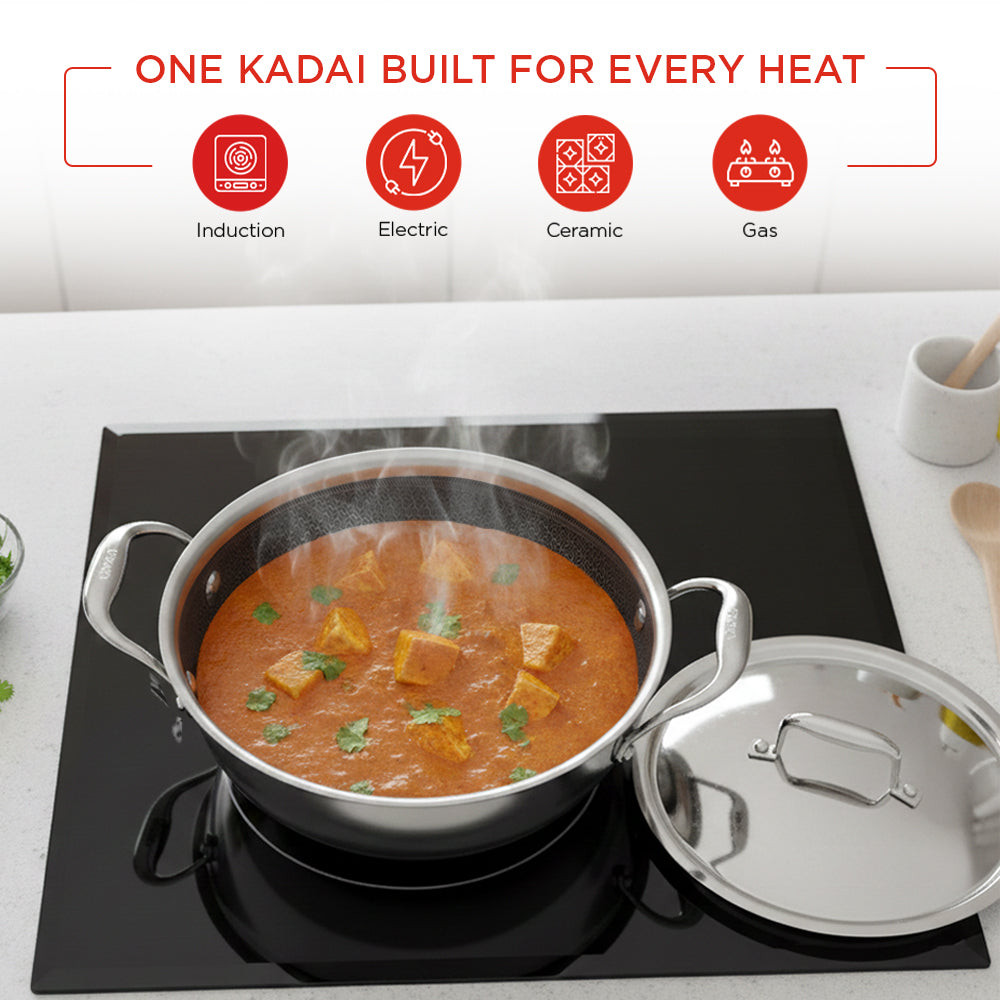 Stainless steel kadai pot with food on a stove, featuring compatibility icons for induction, electric, ceramic, and gas heating.