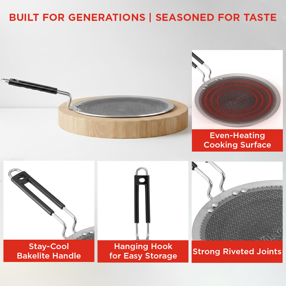 Vinod Platinum Triply SAS Pro Concave Tawa - Top View with Rotis | Vinod Cookware India