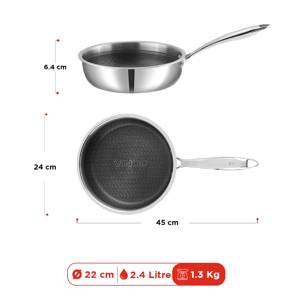 Stainless steel frying pan with dimensions and capacity details on a white background