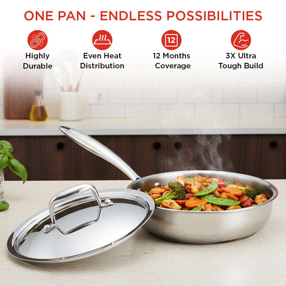 Stainless steel frying pan with lid containing vegetables on a kitchen counter, with text highlighting features.