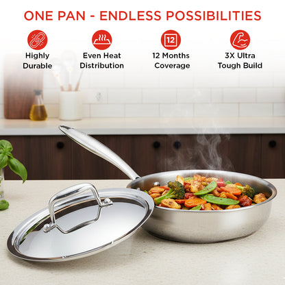 Stainless steel frying pan with lid containing vegetables on a kitchen counter, with text highlighting features.