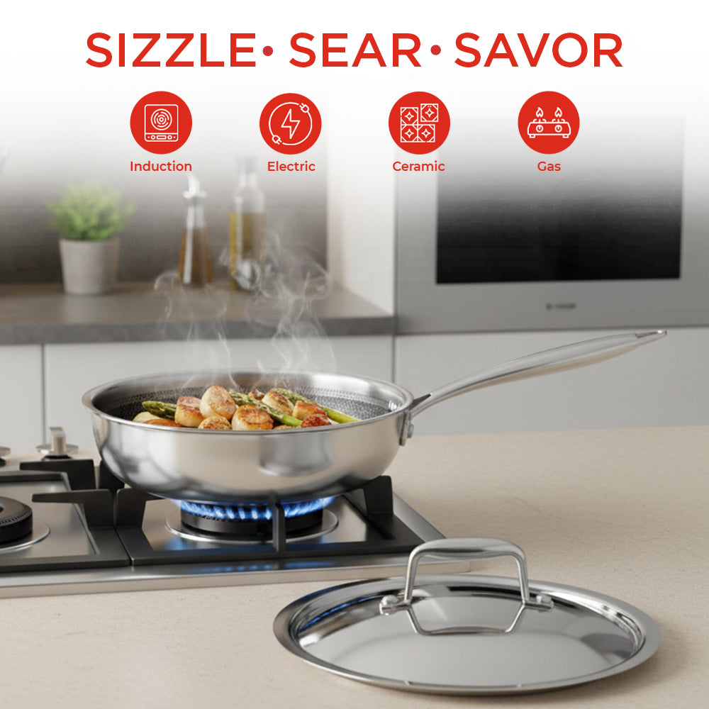 Stainless steel frying pan with lid on a stove, cooking food, with 'Sizzle Sear Savor' text and icons.