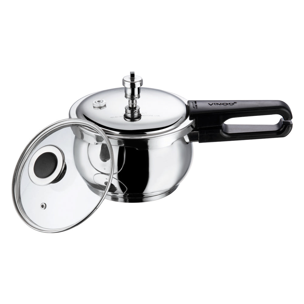 Vinod Splendid Plus Pressure Cooker - Side View with Glass Lid, Ergonomic Heat Resistant Bakelite Handle, Safe Lifting | Vinod Cookware India