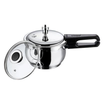 Vinod Splendid Plus Pressure Cooker - Side View with Glass Lid, Ergonomic Heat Resistant Bakelite Handle, Safe Lifting | Vinod Cookware India