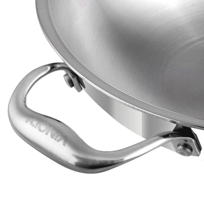Vinod Platinum Triply Stainless Steel Wok 26cm - Secondary Grip Handle | Vinod Cookware India
