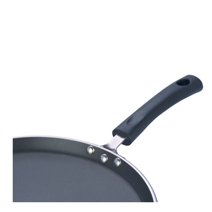 Close-up of a nonstick tawa showing a sturdy riveted handle with an ergonomic grip for comfortable use.