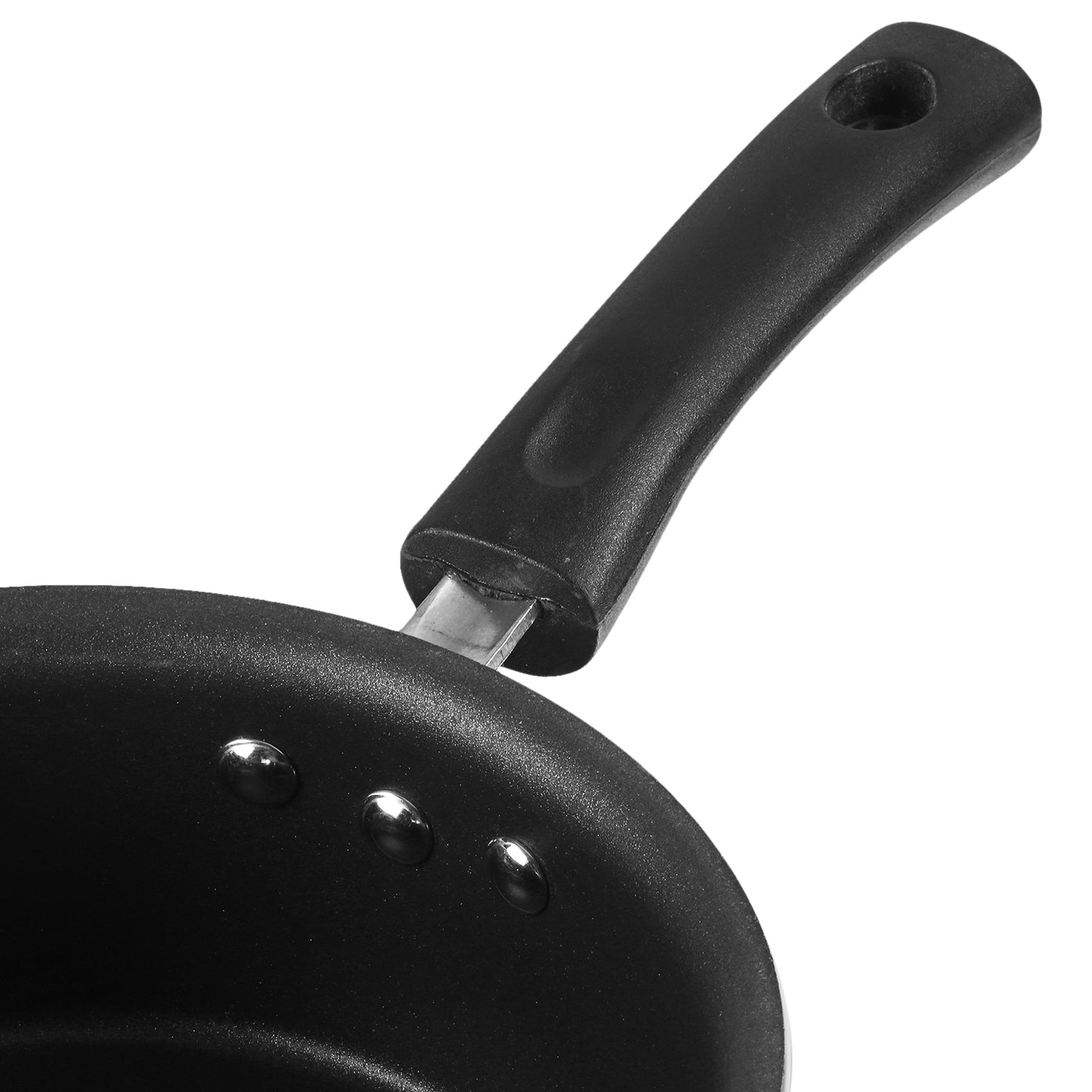 Close-up of a nonstick saucepan showing a sturdy riveted handle with ergonomic grip for comfortable use.