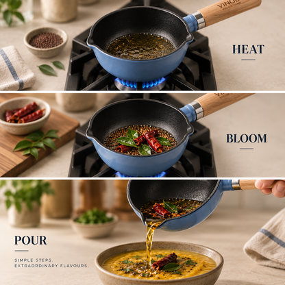 Three-panel cooking demonstration showing a small blue pan on a gas stove: first heating oil, then adding spices and herbs labeled BLOOM, then pouring the flavorful oil into a bowl labeled POUR. Text reads HEAT, BLOOM, and POUR.