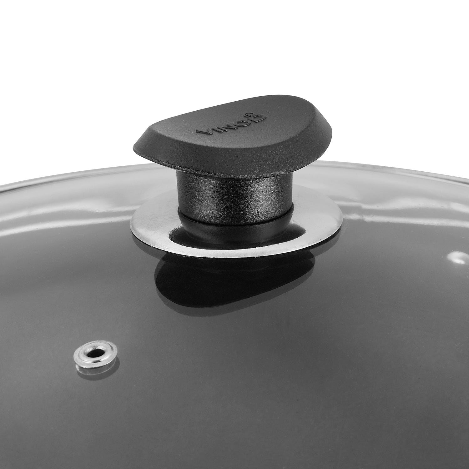 Close-up of a glass lid featuring a sturdy heat-resistant knob and steam vent for safe and controlled cooking.