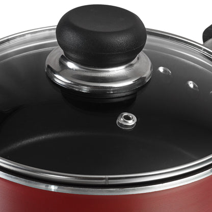 Close-up of a glass lid with a sturdy heat-resistant knob and steam vent for safe and controlled cooking.