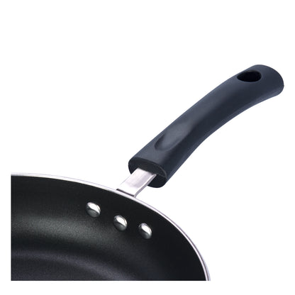 Close-up of a nonstick frying pan with a black ergonomic handle and secure riveted attachment for durability.