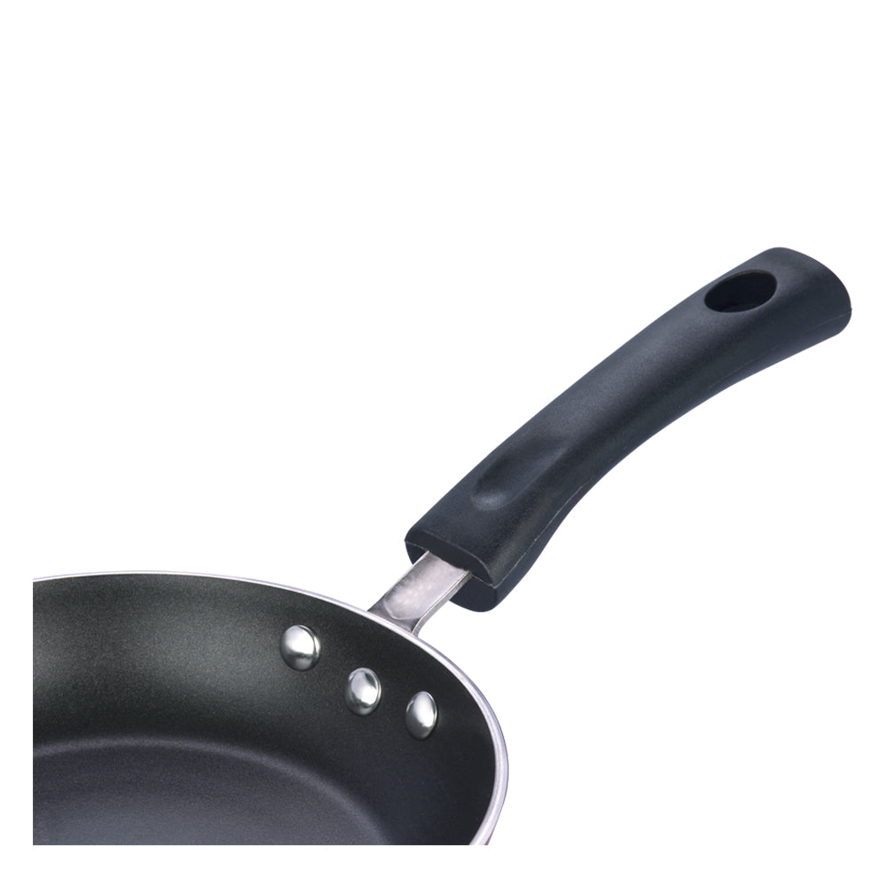 Close-up of a nonstick frying pan handle with ergonomic grip and sturdy riveted attachment for secure handling.