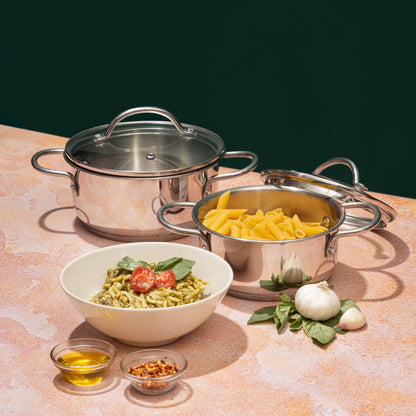 Vinod Stainless Steel Turin Set - Riveted Handle and Glass Lid Detail | Vinod Cookware