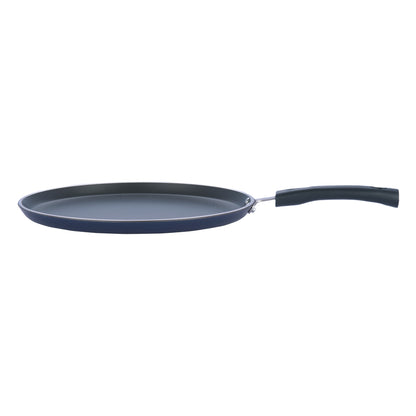 Side view of a nonstick tawa with a slim design and black ergonomic handle, ideal for making rotis and dosas.