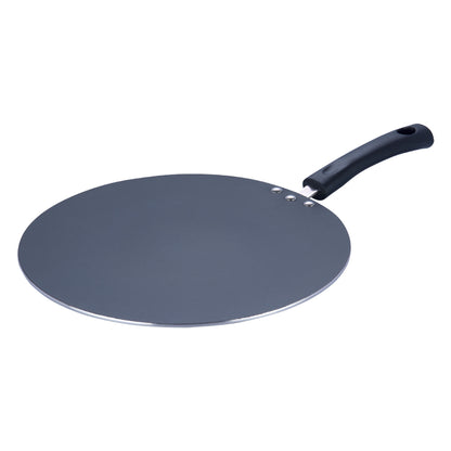 Flat nonstick tawa with a wide smooth cooking surface and black ergonomic handle, ideal for making rotis, dosas, and pancakes.