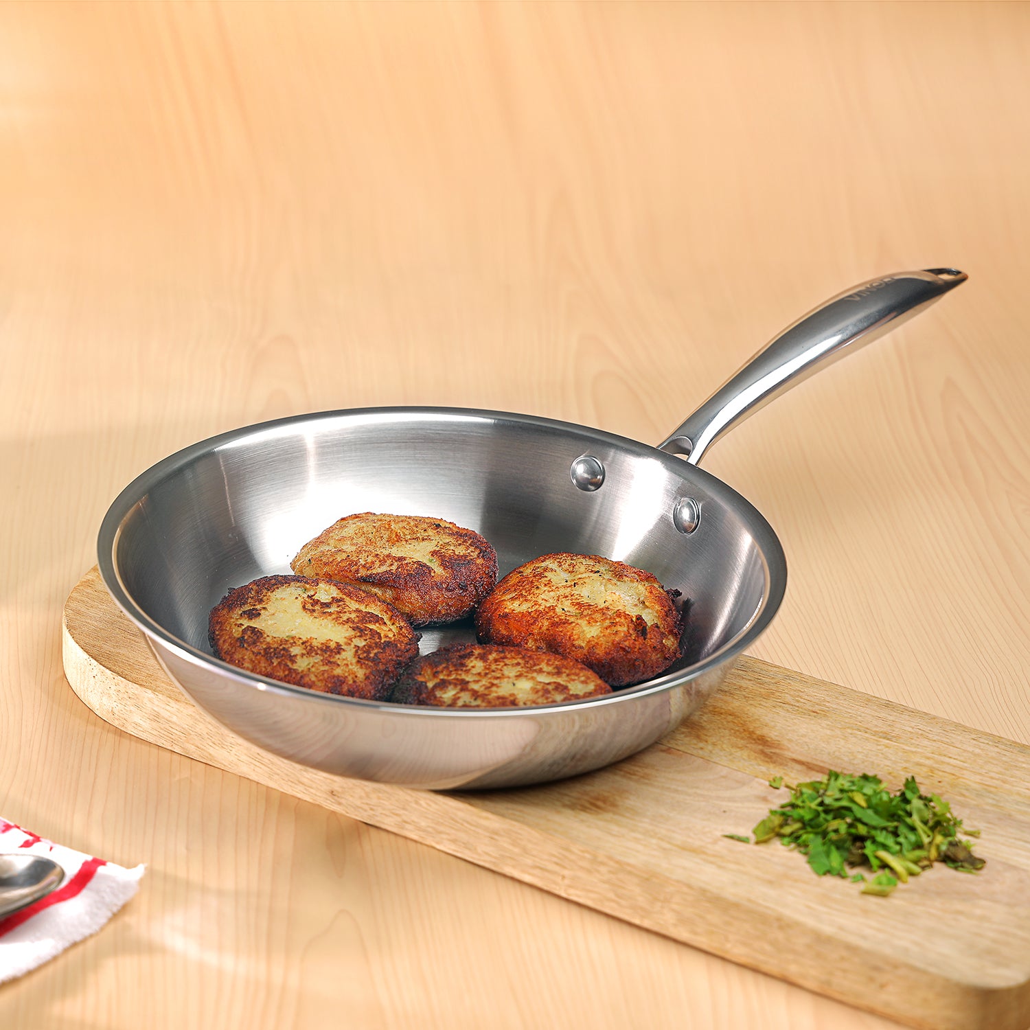 Vinod Platinum, Triply Stainless Steel Frypan, Induction Friendly Frypan, Stainless Steel Fry Pan, Triply Cookware India, Heavy Bottom Frypan, Induction Base Fry Pan, Premium Stainless Steel Cookware, Healthy Cooking Frypan, Toxin-Free Cookware, Even Heat Distribution, Scratch Resistant Fry Pan