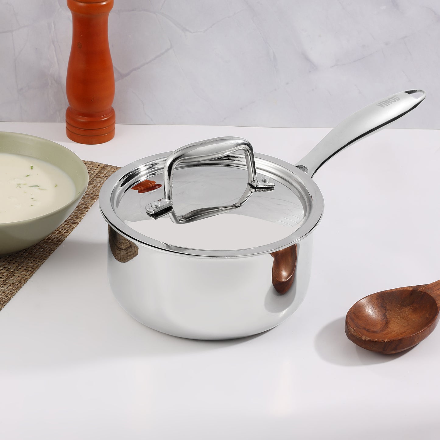 Vinod Platinum Triply Stainless Steel Saucepan with Lid - Main View | Vinod Cookware India