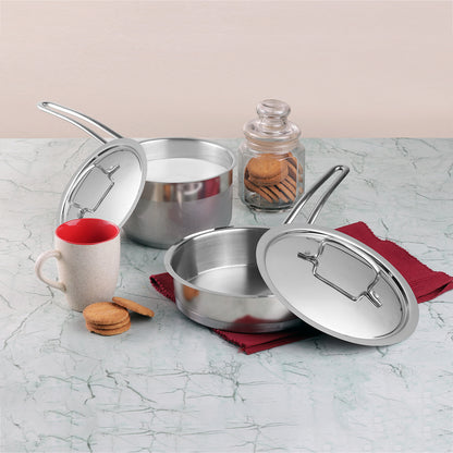 Vinod Stainless Steel Classique Deluxe Set 2pc - Frypan and Saucepan Induction Friendly | Vinod Cookware