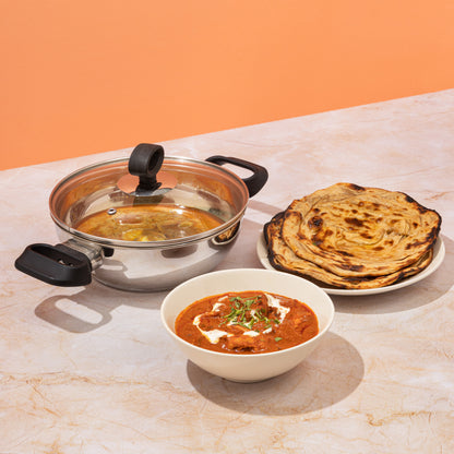 Vinod Stainless Steel Deluxe Kadai with Glass Lid 18cm to 30cm - Induction Friendly | Vinod Cookware