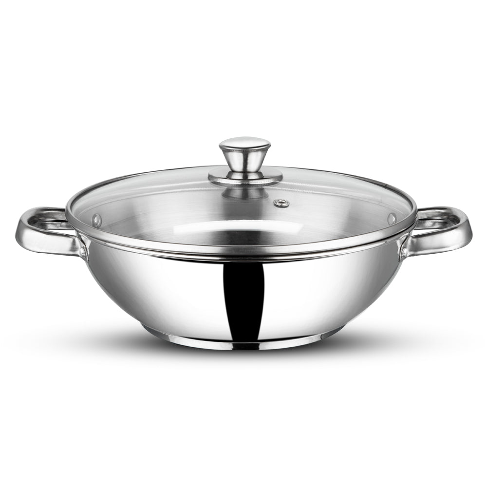 Vinod Modena Set - Stainless Steel Kadai 24cm with Toughened Glass Lid | Vinod Cookware