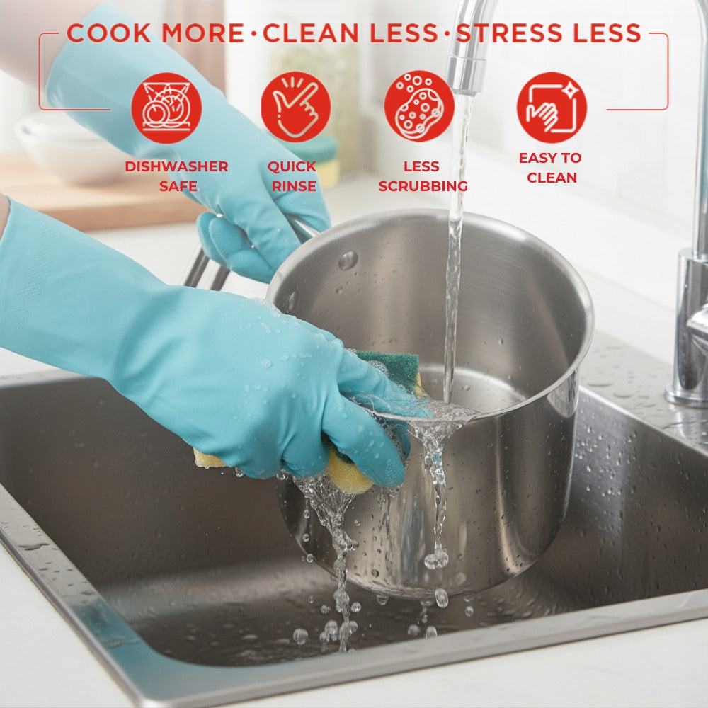 Person washing a pot in a sink with text about dishwashing benefits.