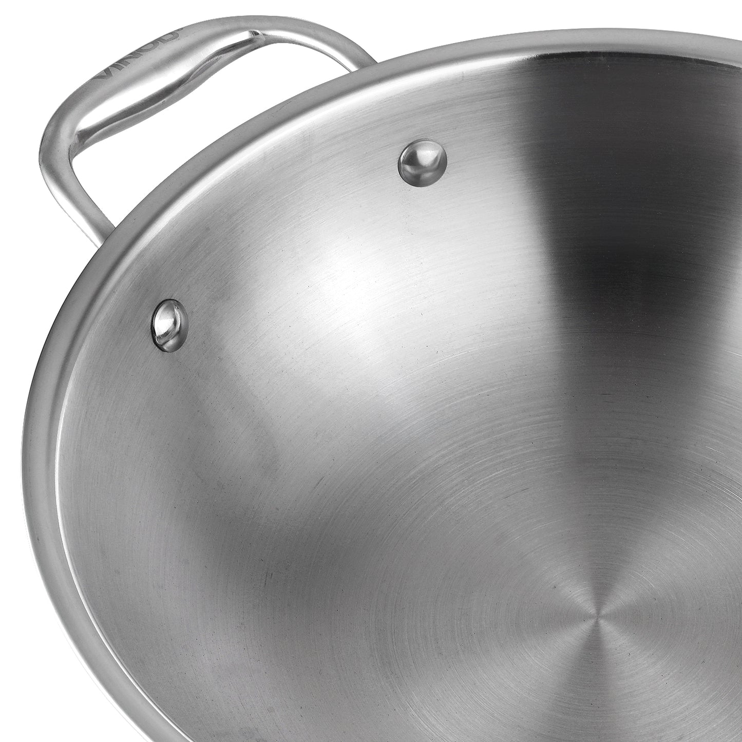 Vinod Platinum Triply Stainless Steel Wok 26cm - Secondary Handle Close Up | Vinod Cookware India