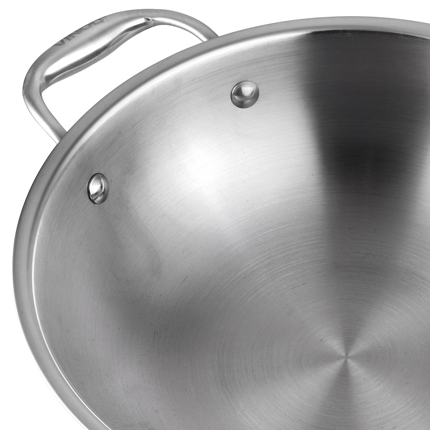Vinod Platinum Triply Stainless Steel Wok 26cm - Secondary Handle Close Up | Vinod Cookware India