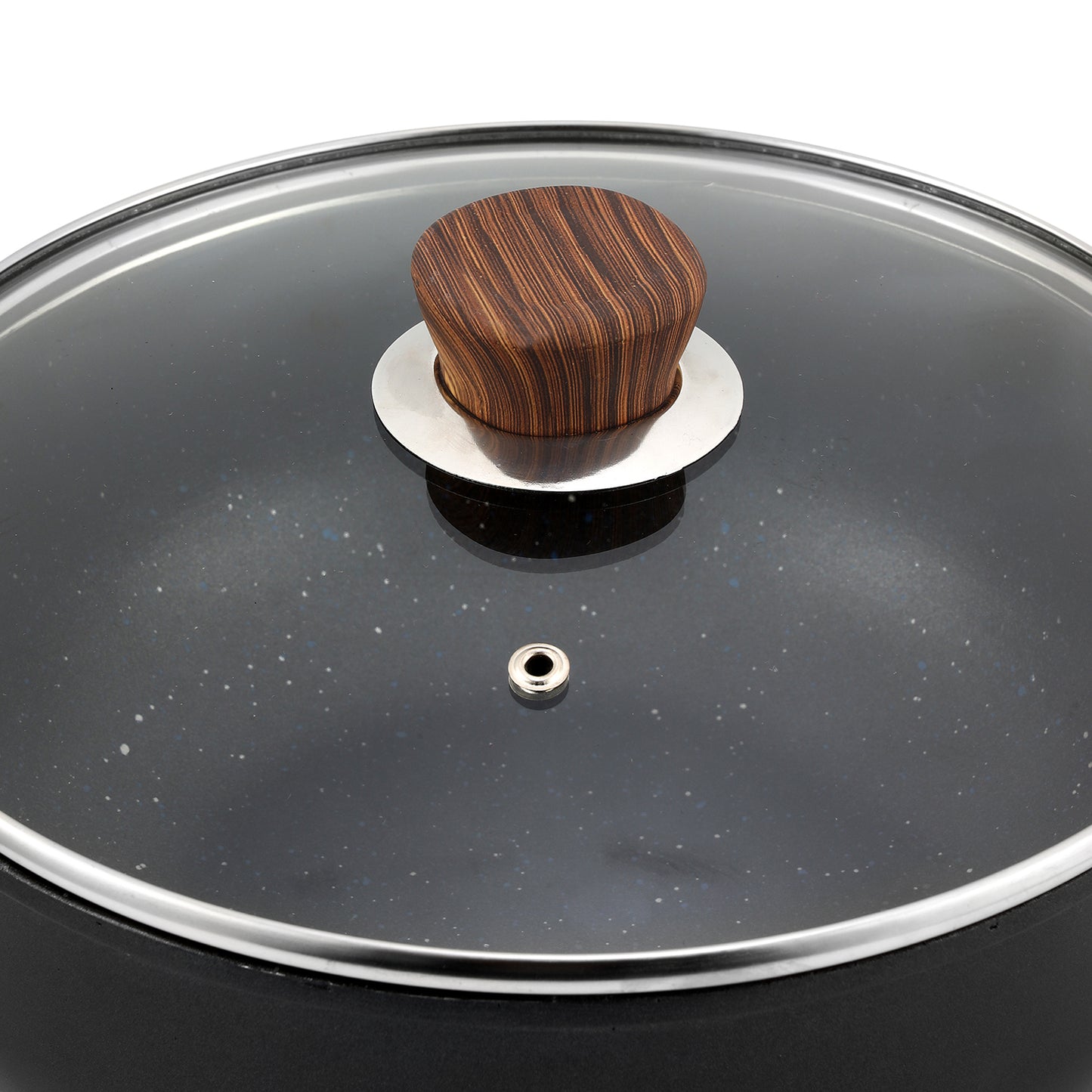 Zest Plus Kadai - Tempered Glass Lid and Wood Pattern Handle | Vinod Cookware