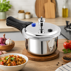 Vinod Platinum Triply Stainless Steel Pressure Cooker - Hero Shot Induction Friendly | Vinod Cookware India