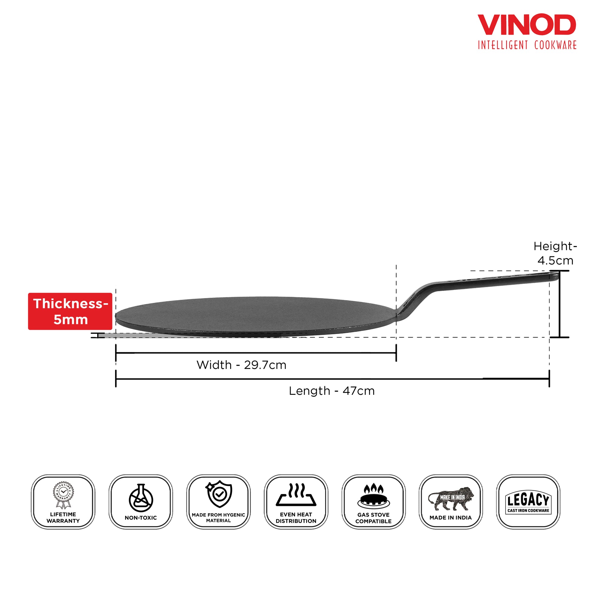 Vinod Legacy Cast Iron Flat Multi Tawa 30cm - Dimension Size Reference | Vinod Cookware