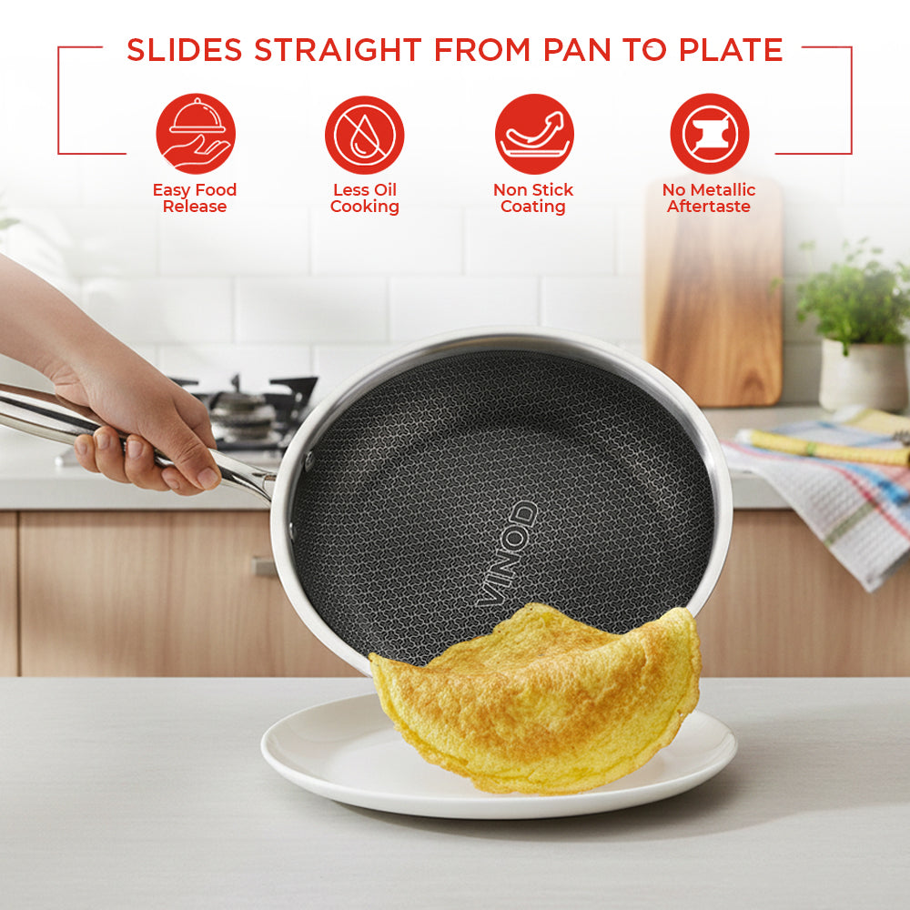 Vinod Platinum Triply SAS Pro Frypan - Flipper Action Shot | Vinod Cookware India