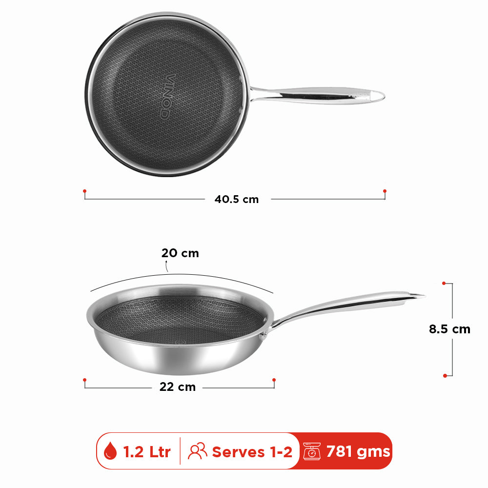 Vinod Platinum Triply SAS Pro Frypan - Dimension Reference | Vinod Cookware India