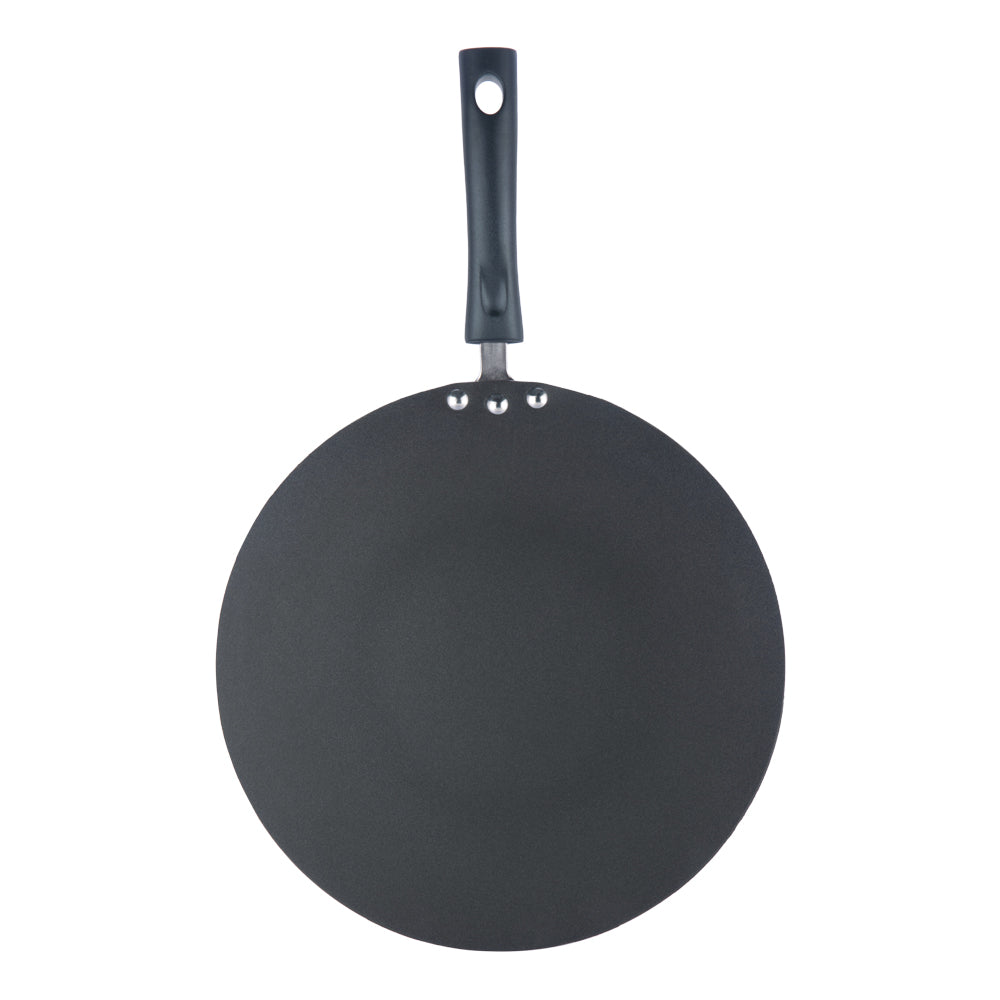 Top view of a flat nonstick tawa with a smooth cooking surface and black ergonomic handle, ideal for everyday use.