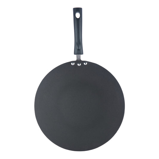 Top view of a flat nonstick tawa with a smooth cooking surface and black ergonomic handle, ideal for everyday use.