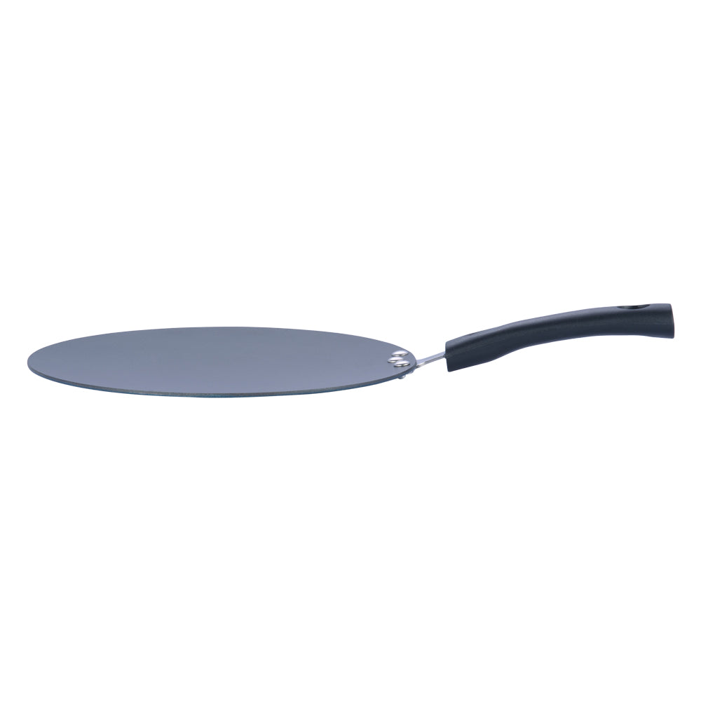Side view of a flat nonstick tawa with a slim design and black ergonomic handle, ideal for making rotis and dosas.