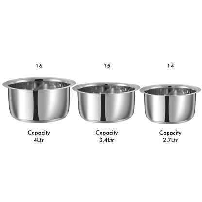 Vinod Stainless Steel 3pc Tope Set - Available in Large Capacity Sizes, Ideal for Bulk Cooking, Boiling Dal, Rice and Indian Gravies | Vinod Cookware India