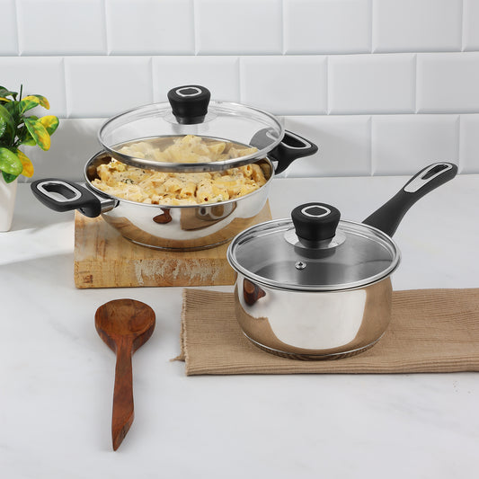 Vinod Veneto 2pc Set - Kadai and Saucepan Combo with Glass Lids | Vinod Cookware