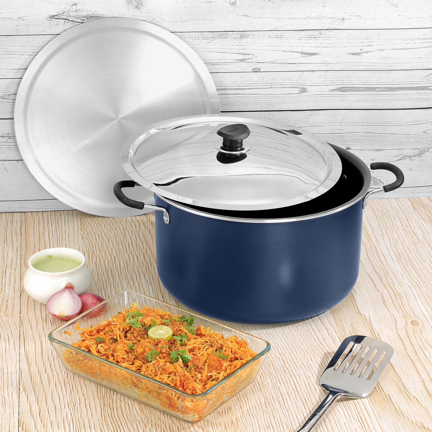 vinod nonstick biryani pot with stainless steel lid and side handles, ideal for cooking curries, rice, and everyday meals.