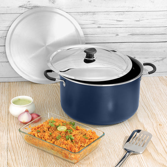 vinod nonstick biryani pot with stainless steel lid and side handles, ideal for cooking curries, rice, and everyday meals.