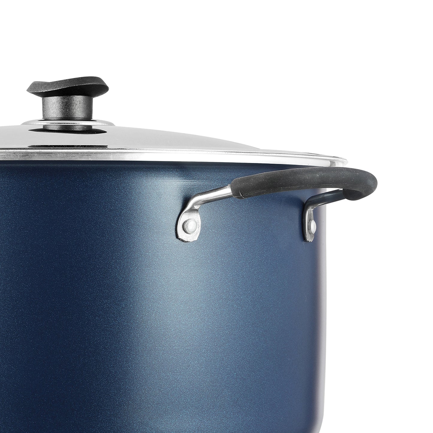 Close-up of a nonstick pot with a sturdy side handle and stainless steel lid for safe and convenient cooking.