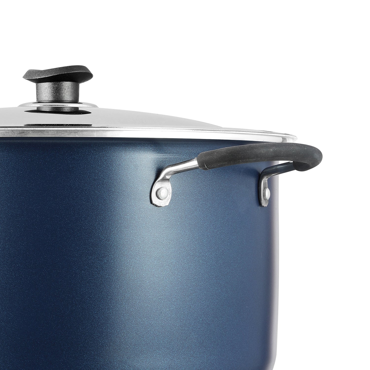 Close-up of a nonstick pot with a sturdy side handle and stainless steel lid for safe and convenient cooking.