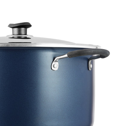Close-up of a nonstick pot with a sturdy side handle and stainless steel lid for safe and convenient cooking.