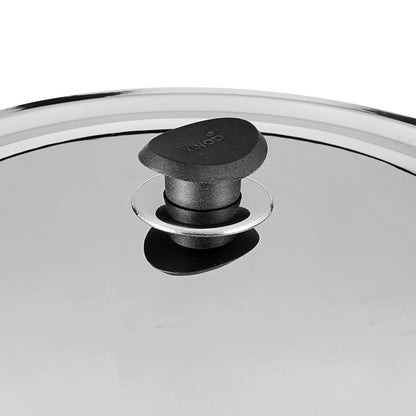 Close-up of a stainless steel lid featuring a sturdy heat-resistant knob for safe and convenient handling.