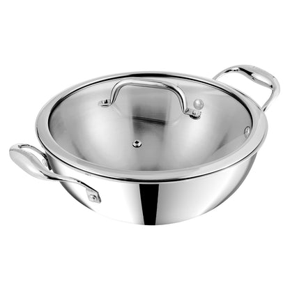stainless steel cooking pot, heavy gauge kadai, even heat distribution kadai, gas and induction compatible kadai,