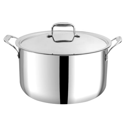 A large silver stainless steel Vinod Platinum Biryani Pot with a lid, displayed alongside a spoon and decorative spices on a kitchen towel, indicating its use for cooking biryani.