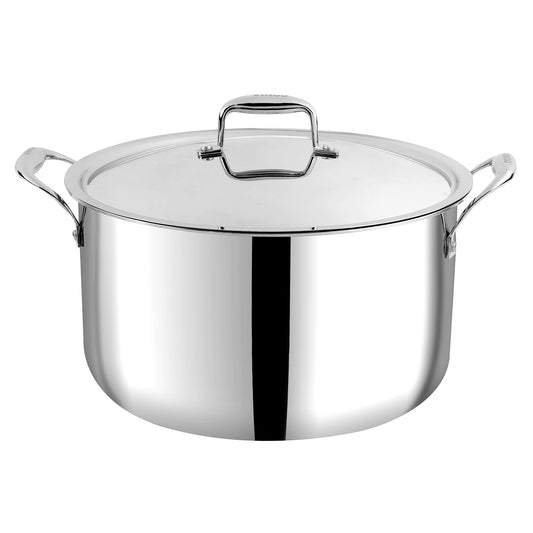 A large silver stainless steel Vinod Platinum Biryani Pot with a lid, displayed alongside a spoon and decorative spices on a kitchen towel, indicating its use for cooking biryani.